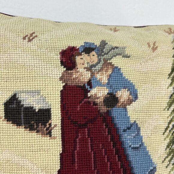 Vintage Wintry Scene Wool Needlepoint Carolers Pillow Christmas Ice Skating - Picture 2 of 12